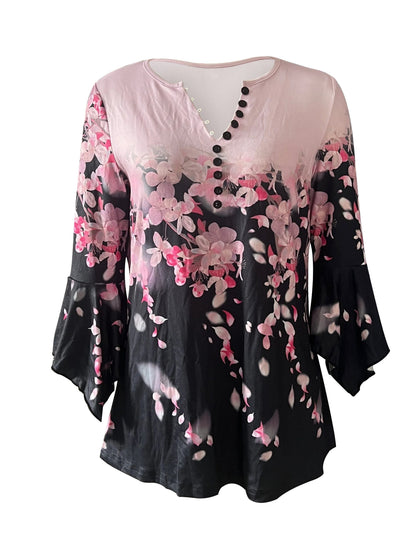 Spring And Autumn New Printed Spike Button Irregular Three-quarter Sleeve T-shirt Casual Top