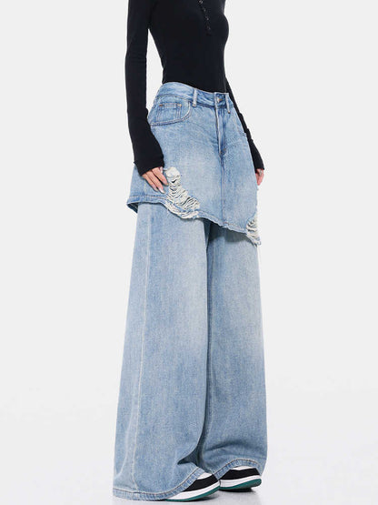 Vintage Blue Washed Fake Two-piece Jeans For Women Ripped Straight Pants