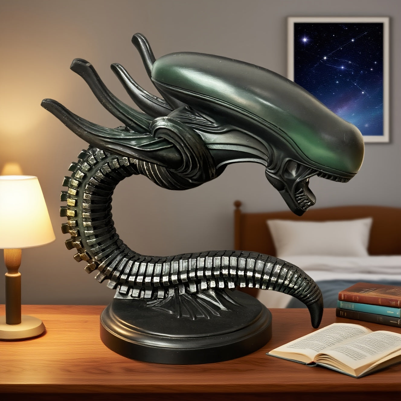 Lampe de bureau USB tête d'extraterrestre – Veilleuse de science-fiction en résine pour chambre, bureau et décoration d'Halloween