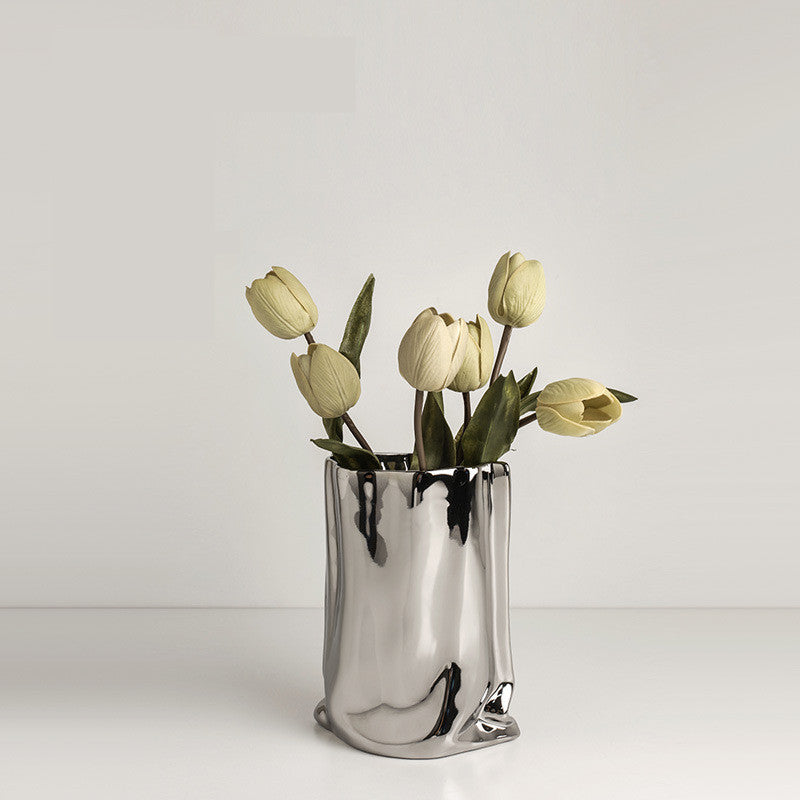 Extremely Simple Silver Vase Creative Irregular Ceramic Ornaments