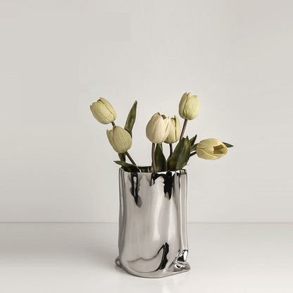 Extremely Simple Silver Vase Creative Irregular Ceramic Ornaments