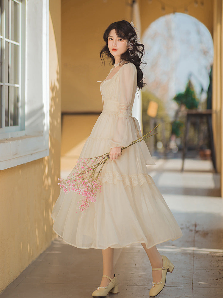 Fille Française Femme Chic Robe Romantique Nœud Bandage Mousseline