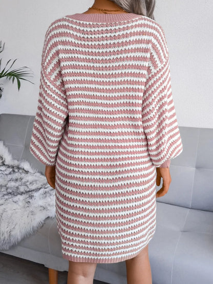 Striped V-Neck Long Sleeve Sweater Dress