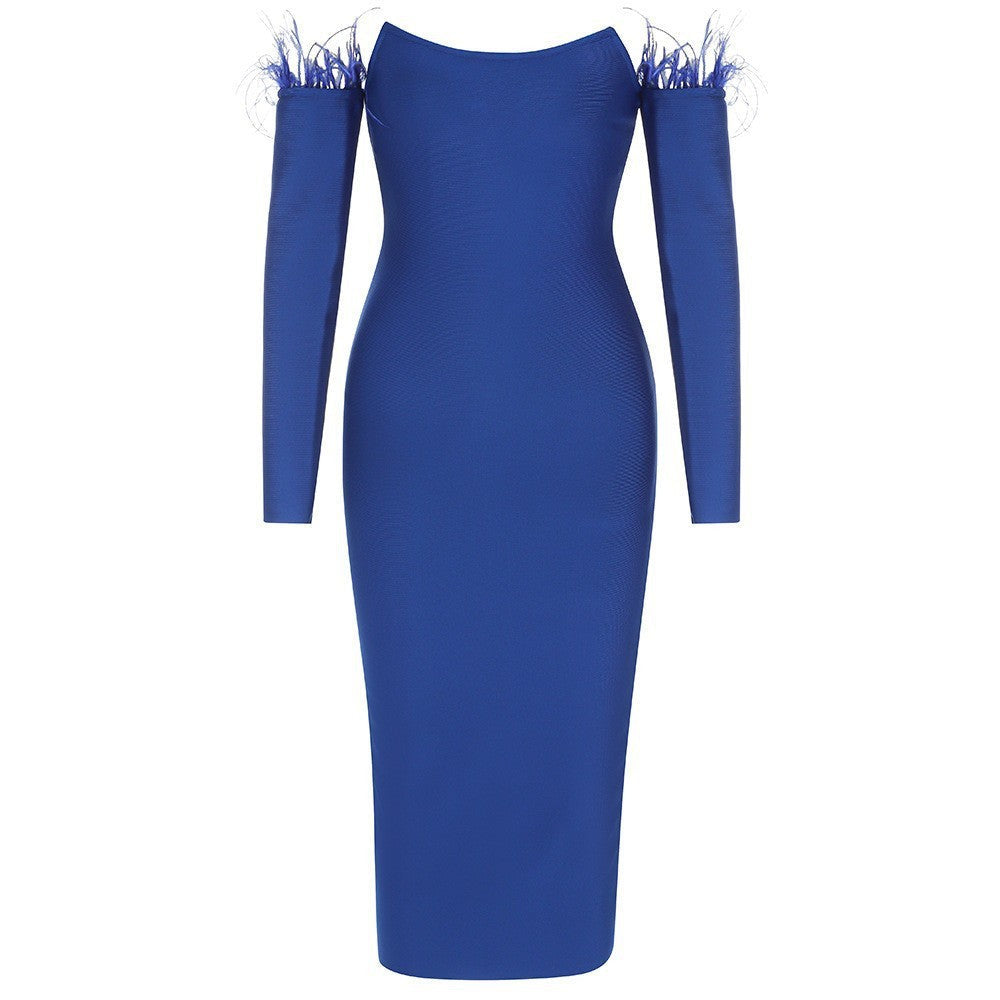 Robe longue à manches longues avec plumes pour femmes