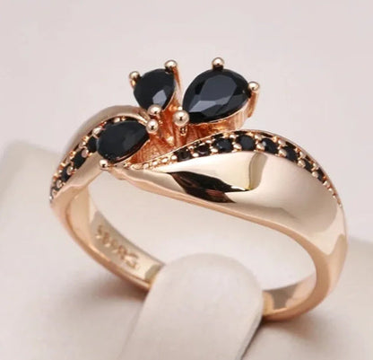 French Luxury Black Zircon Floral Women's Ring