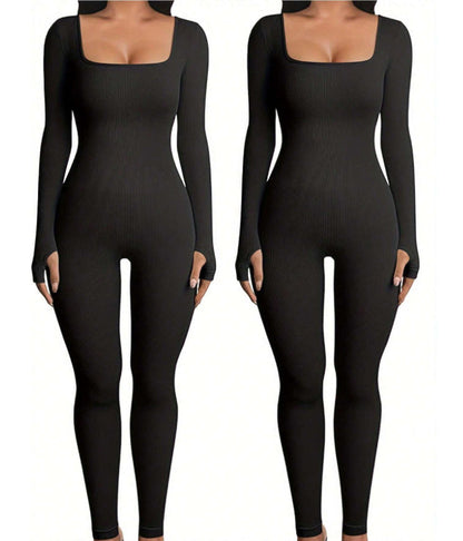 Women's Yoga Sports Fitness Jumpsuit Workout Long Sleeve Square Collar Clothing