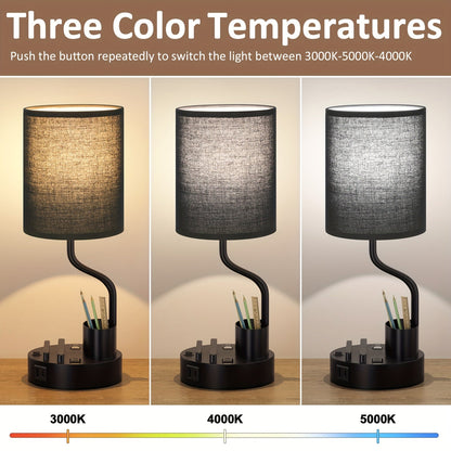 Set of 2 Bedside Lamps – USB-C+USB-A & Outlet, 3-Color Modern Nightstand Lights
