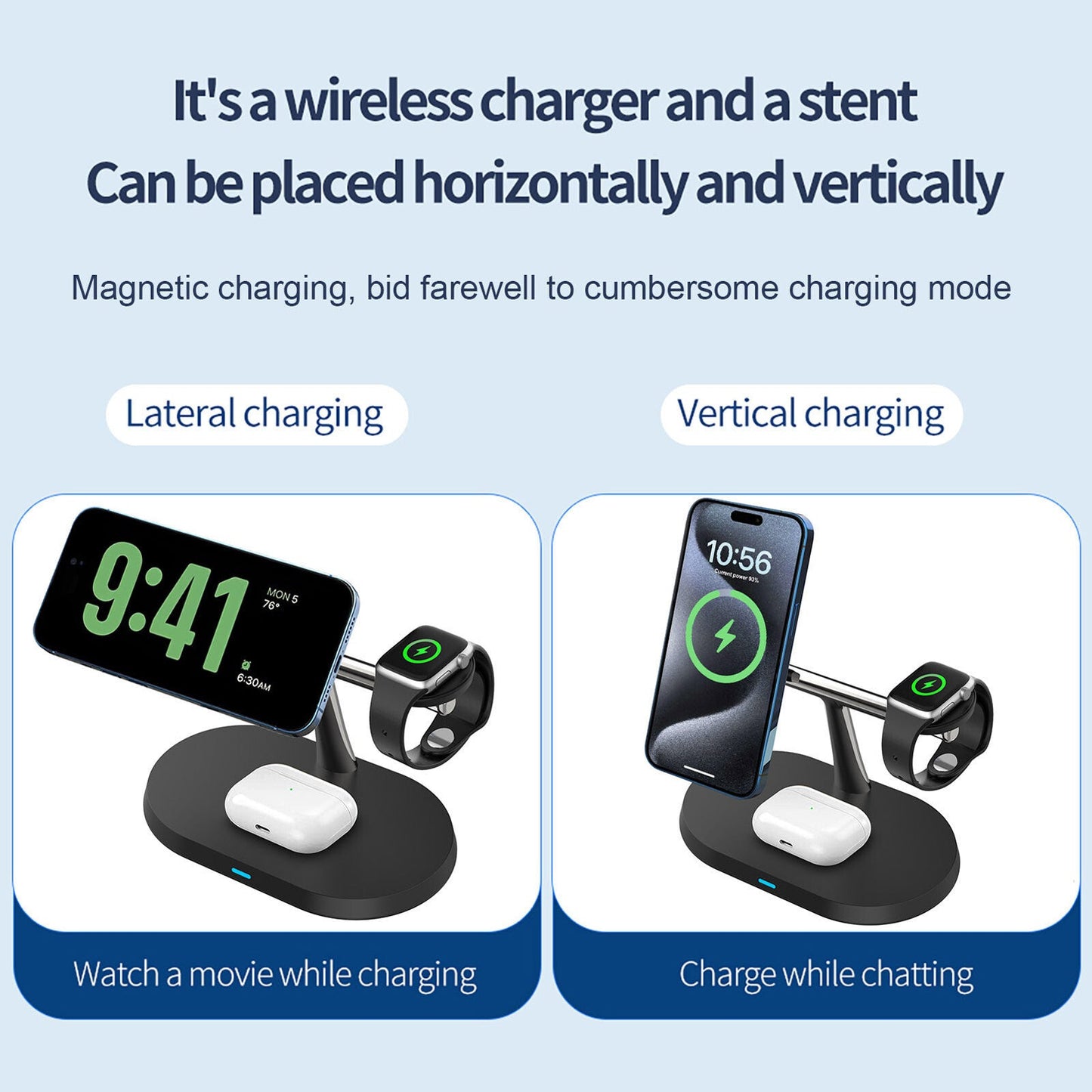 3-in-1 Magnetic Wireless Charger Stand for iPhone, Apple Watch & AirPods – 15W Fast Charging