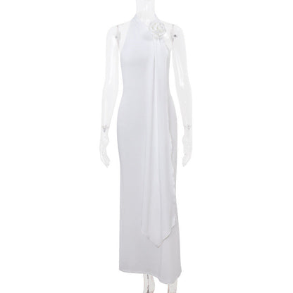 Vestido Halter Ins Hot Girl a la Espalda con Decoración Floral Tridimensional y Temperamento