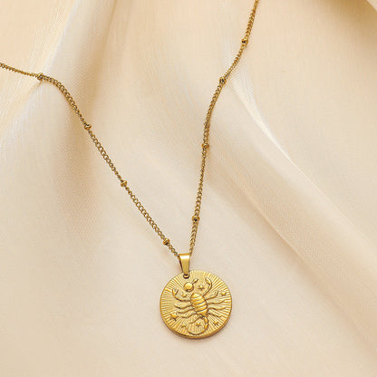 Stainless Steel Round Twelve Constellation Coin Relief Necklace