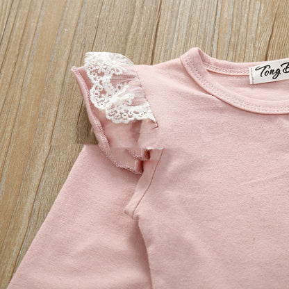 Infant And Toddler Cotton Lace Long-sleeved Harness Lace Long Pants Set