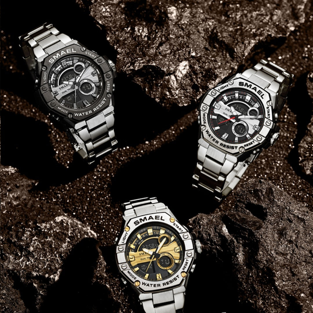 Men's Waterproof Double Display Watch – Alloy Steel Belt