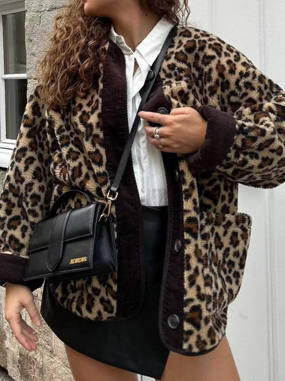 Chaqueta informal suelta con estampado de leopardo para mujer de invierno