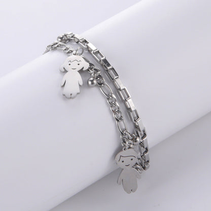 Cartoon Character Titanium Steel Ball Figaro Chain Double Layer Bracelet