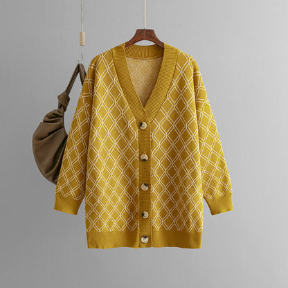 V-neck Cardigan Sweater Casual Loose Diamond Plaid Sweater Coat