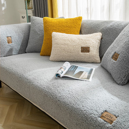 Toalla de sofá de lana de cordero de color liso moderno para invierno, fundas de sofá suaves y lisas de felpa gruesa para sala de estar, cubierta antideslizante para sofá