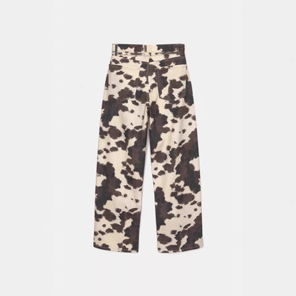 Womens Retro Washed Denim Jeans With Cow Print