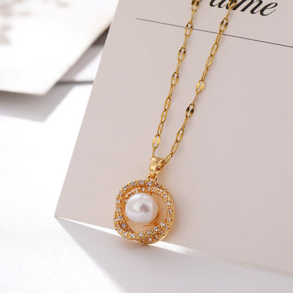 Collier en acier au titane pour femme avec pendentif creux nid d'oiseau imitation perle