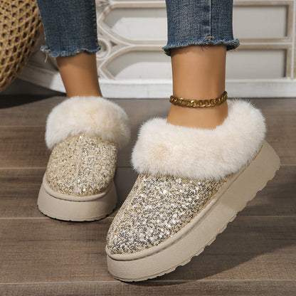 Zapatos de felpa con lentejuelas y suela gruesa a la moda, zapatillas cálidas informales de invierno para interior y exterior, zapatos de jardín para mujer
