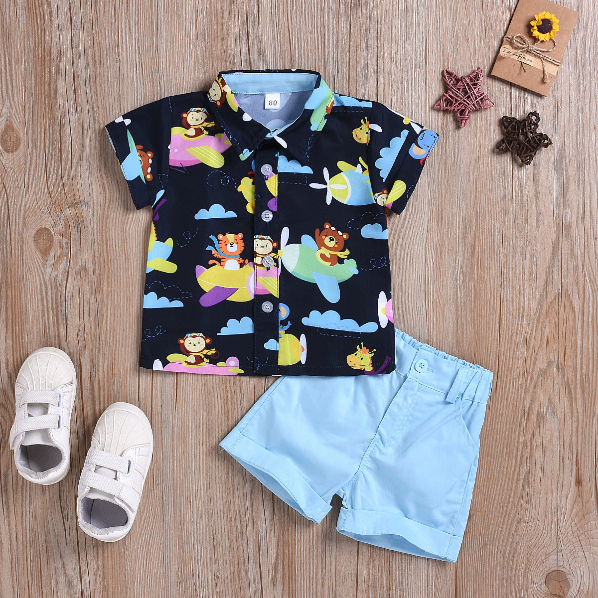 Ensemble chemise imprimée de dessin animé et short de couleur unie pour garçons et filles d'été