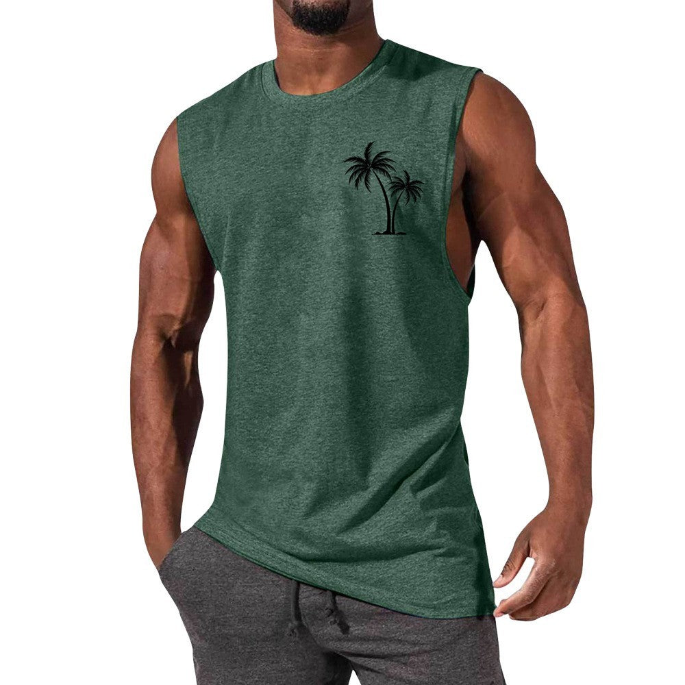 Coconut Tree Embroidery Men’s Muscle Tank – Beach Fitness Vest | S–L