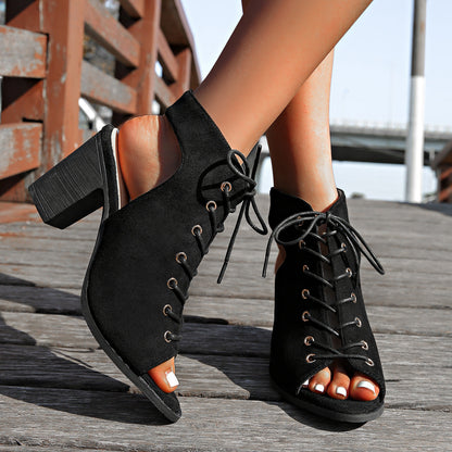 Sandales à talon épais avec lacets, style estival, bout ouvert pour femme