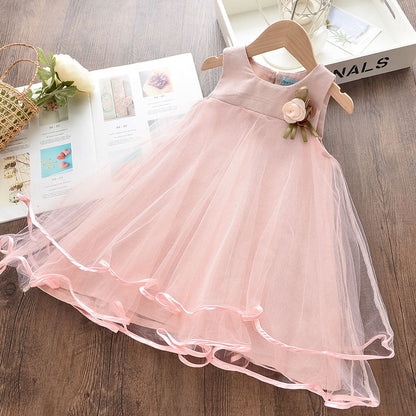 Summer Cute Princess Style Children's Dress With Embroidery Mesh