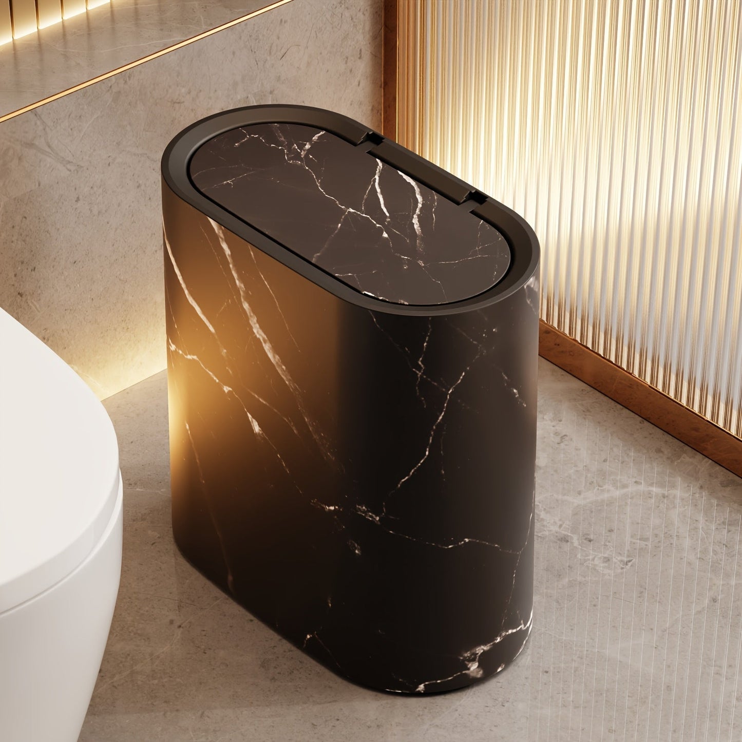 Cubo de Basura de Mármol para Baño con Tapa, Papelera de Cocina Pequeña Ovalada
