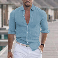 Men's Cotton And Linen Lapel Long Sleeve Solid Color Shirt