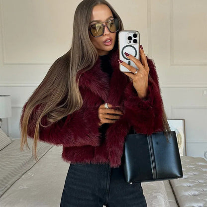 Elegant Lapel Collar Faux Short Fur Coat