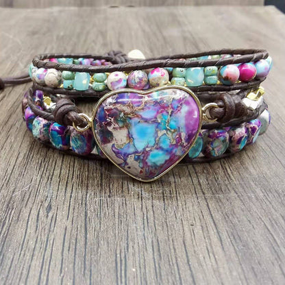 Purple Emperor Stone 3 Circles Cowhide Rope Beaded Bracelet