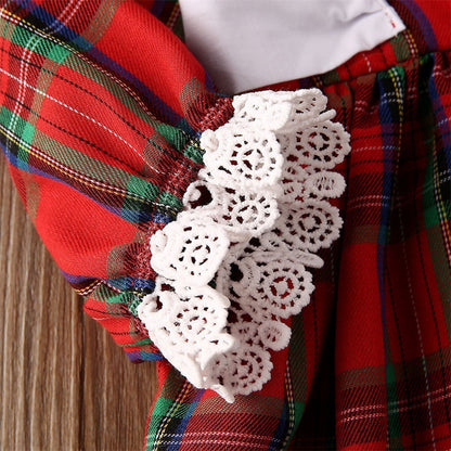 Round Neck Lace Long Sleeve Western Style Plaid Dress