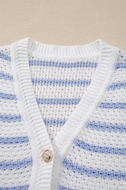 Stripe Buttoned V-Neck Sweater Knit Top