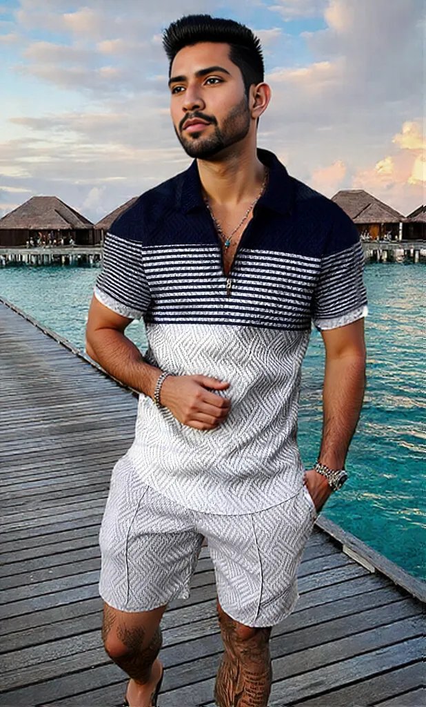 Conjunto de camisa de manga corta con cremallera y solapa, con estampado geométrico 3D, para hombre, estilo veraniego