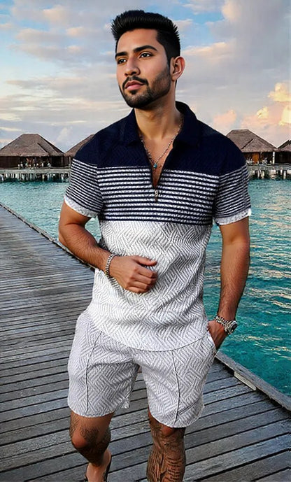 Conjunto de camisa de manga corta con cremallera y solapa, con estampado geométrico 3D, para hombre, estilo veraniego