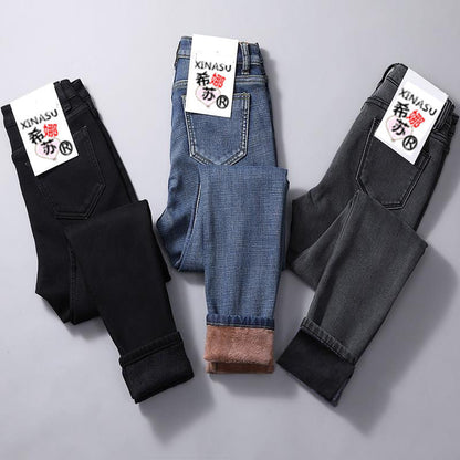 Women Velvet Jeans Stretch High Waist Winter Warm Pants