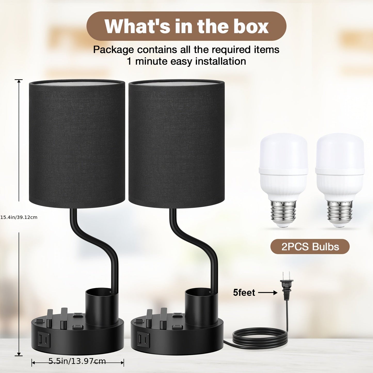 Set of 2 Bedside Lamps – USB-C+USB-A & Outlet, 3-Color Modern Nightstand Lights