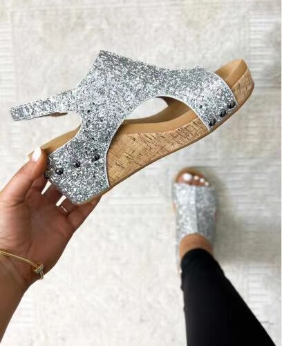 Chunky Wedges Sandals Sequins Shoes