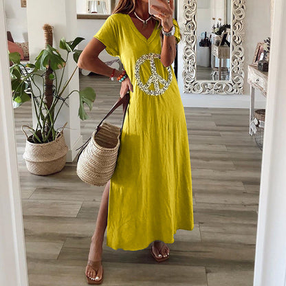 Loose slit printed dress women's clothing