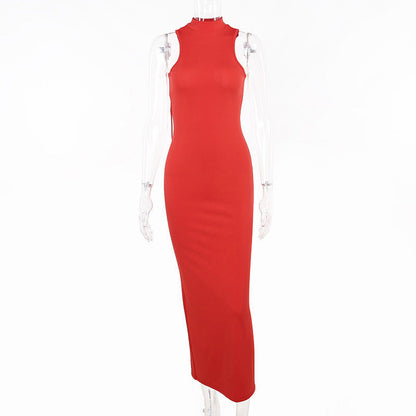 Hollow Out Sleeveless Hanging Neck Dress At Back