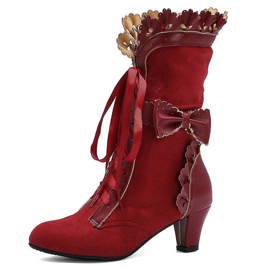 Bottes montantes Lolita à lacets et talons hauts pour femmes grandes tailles