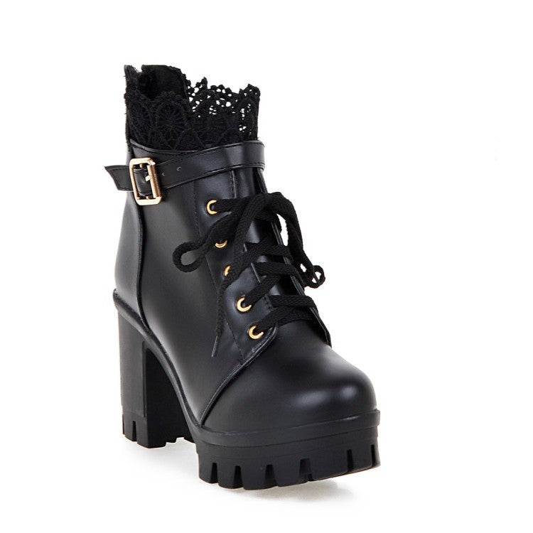 Bottes cheville lacées à talons carrés pour femmes, couleur blanc et noir
