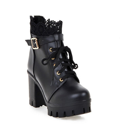 Bottes cheville lacées à talons carrés pour femmes, couleur blanc et noir