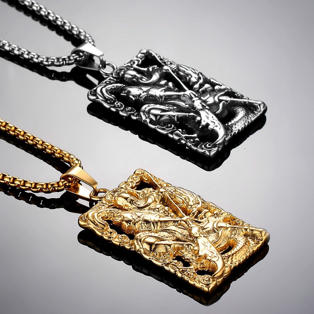 Pendentif en acier au titane ajouré motif Guan Gong