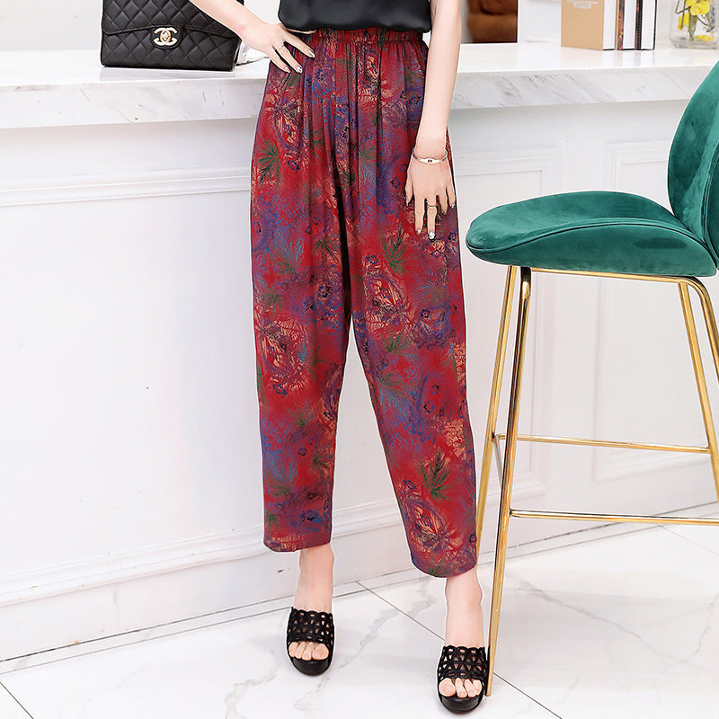 Bloomers en Coton et Lin Fleuris Rouge Vif et Bleu | Pantalon Maternité Grande Taille Respirant Confortable Taille Haute