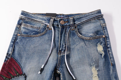 Trendy Urban streetwear Embroidered Frayed Men's Blue Jeans