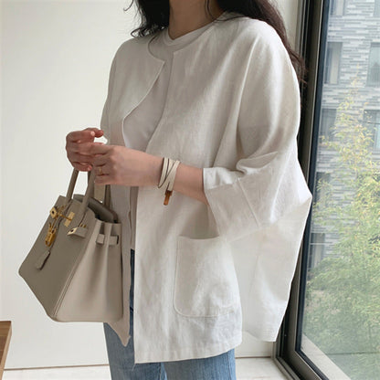 Women's Retro Plus Size Colorblock Simple Cotton Linen T-shirt