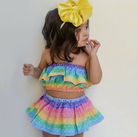Traje de tres piezas de verano sin mangas con arcoíris para niña