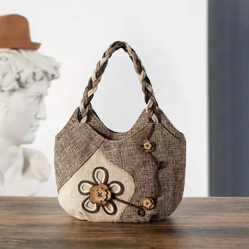 Handmade Bohemian Flower Tote Bag with Foldable Zipper, Shoulder Strap, and Matching Wristlet for Women’s Vacation