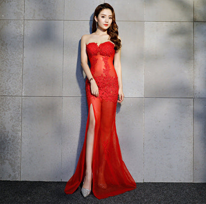 Tube top slit long evening dress